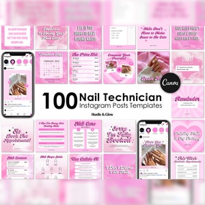 Nail Tech Instagram Posts Vorlagen, Nagel Preislisten, Nagel Branding Kit, Rosa Nagel Flyer, Instagram Canva Vorlagen