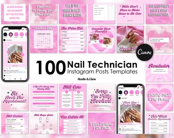 Puede incluir: Una colección de 100 plantillas de publicaciones de Instagram en rosa y blanco diseñadas para técnicos de uñas. Las plantillas presentan una variedad de diseños, que incluyen corazones, nubes y botellas de esmalte de uñas. El texto en las plantillas incluye frases como "La felicidad es tener las uñas hechas", "La vida es demasiado corta para tener uñas aburridas" y "No me gusta el drama, me gustan las uñas".