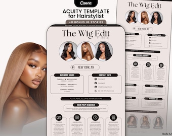 Puede incluir: Una plantilla digital para estilistas, con el texto "The Wig Edit" e información comercial. El diseño incluye imágenes de diferentes peinados y un retrato de una mujer con cabello largo y castaño claro. La plantilla está diseñada en Canva.