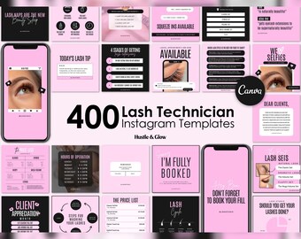 Black and Pink Lash Tech Instagram Posts | Matching Canva Stories & Highlight Covers