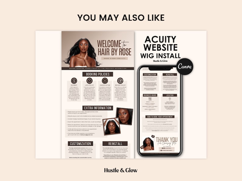 May include: A digital mockup of a website for a hair salon called "Hair by Rose". The website is designed in a modern style with a black and white color scheme. The website features a booking calendar, a contact form, and a gallery of hair styles. The website also includes a section for booking policies and extra information. The website is designed to be user-friendly and informative.