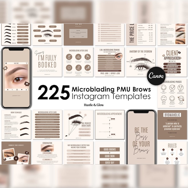 Microblading Instagram Posts, Matching Instagram Stories, Story Highlight Covers, MU Branding Kit, Bundle Canva Templates, Brow Flyers