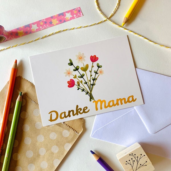 Karte Muttertag, Postkarte, Postkarte mit Umschlag, Karte mit Goldschrift, Grußkarte