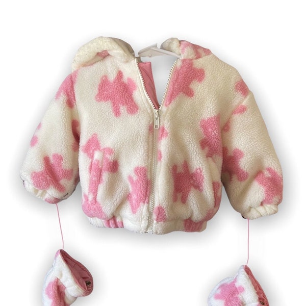 Vtg La Petite Rothschild Coat Snap On Mittens 12 Months Pink Teddy Bear Fleece Very Warm