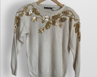 White & Gold Sequin Sweater Silk Angora Dana Scott Small