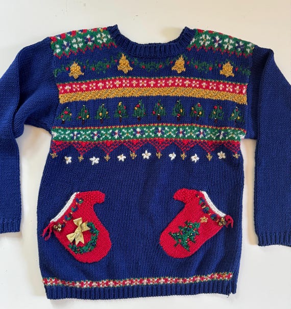 Vintage Erika Hand-knit Ugly Christmas Sweater – Blue Holiday