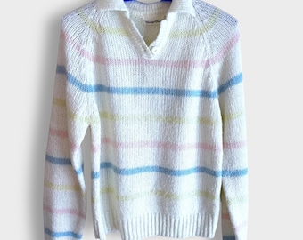 Vintage 80s Carriage Court Pastel Striped Knit Hoodie Sweater – Made in Taiwan