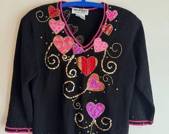 Vintage Jack B. Quick Sequin Beaded Heart Sweater – Medium – 90s Novelty Valentine’s Day Top