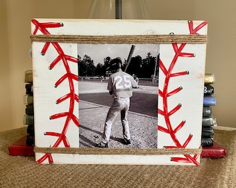 Baseball Picture Frame/Holder, Farmhouse Style, Coaches Gift, Team Gift, Kids Sports Frame, Distressed Block Picture Frame, Home Decor