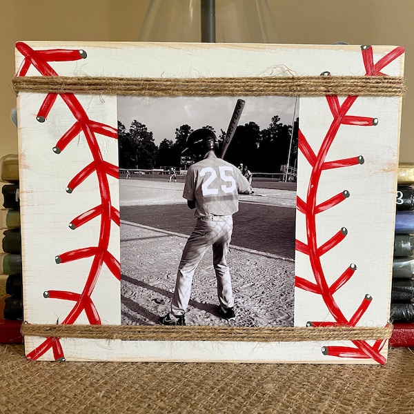 Baseball Picture Frame/Holder, Farmhouse Style, Coaches Gift, Team Gift, Kids Sports Frame, Distressed Block Picture Frame, Home Decor