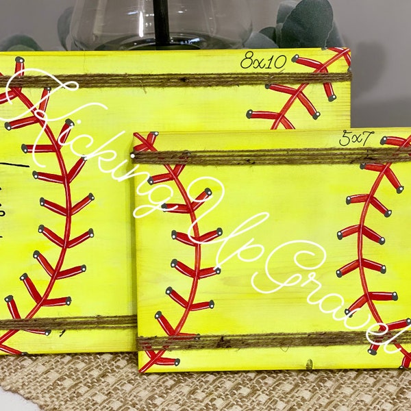 Softball Picture Frame/Holder, Farmhouse Style, Coaches Gift, Team Gift, Kids Sports Frame, Distressed Block Picture Frame, Home Decor