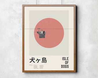 May include: A framed poster featuring a stylized design with a large, textured coral-colored circle against a cream background. The poster includes Japanese characters and the English text "ISLE OF DOGS". A small illustration of dogs and a person is in the center.