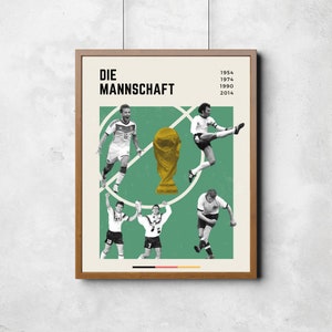 May include: A green and white poster with the text "Die Mannschaft" and the years "1954, 1974, 1990, 2014". The poster features a collage of five soccer players and a gold trophy.