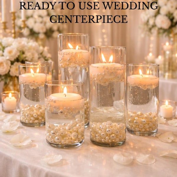 Floating Candle Wedding Centerpieces – Cylinder Glass Vase Set with Pearl Beads – Romantic Table Decor