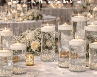 Floating Candle Wedding Centerpiece Set with Glass Vases & Pearls | Bulk Wedding Table Decor | Event Centerpieces