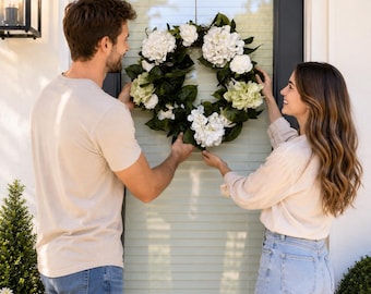 Couronne de porte d'entrée hortensia blanc, couronne printemps-été, décoration de porte neutre, couronne de tous les jours, déco d'entrée de ferme, cadeau de pendaison de crémaillère