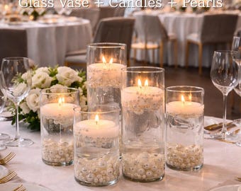 Ensemble de bougies flottantes avec vase cylindrique en verre, bougies et perles - Centre de table élégant pour fêtes, événements d'entreprise et décoration d'intérieur