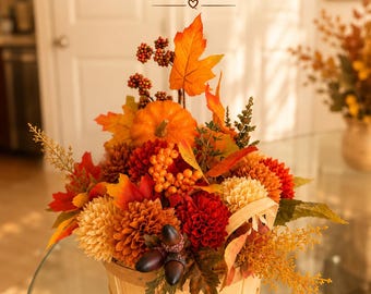 Fall Floral Arrangement in Wooden Basket, Pumpkin Centerpiece, Autumn Table Decor, Rustic Farmhouse Decoration, Fall Home Decor