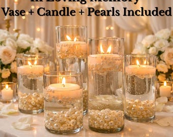 Centre de table bougie flottante In Loving Memory - vase + bougie + perles inclus, décoration de table commémorative, cadeau pour une célébration de la vie