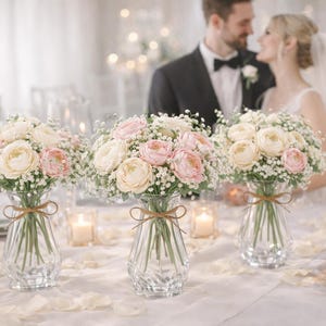 May include: Three clear glass vases with vertical ridges, each containing a bouquet of white and light pink ranunculus flowers accented with baby's breath. Each vase is tied with a thin brown twine bow around the neck of the glass container.