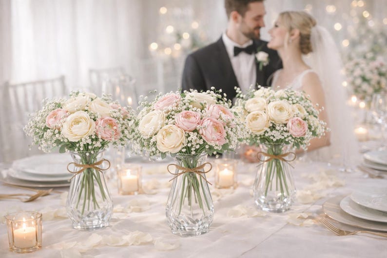 May include: Three clear glass vases with vertical ridges, each containing a bouquet of white and light pink ranunculus flowers accented with baby's breath. Each vase is tied with a thin brown twine bow around the neck of the glass container.