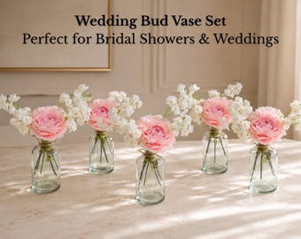 Ensemble vase rose bourgeon de mariage, décoration de table de douche nuptiale, composition florale rose poudré, décoration de mariage vase en verre