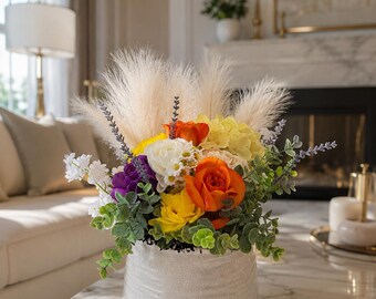 Composition florale orange jaune violet, centre de table imitation fleurs, décoration d'herbe de la pampa, composition de vase en céramique, cadeau de pendaison de crémaillère