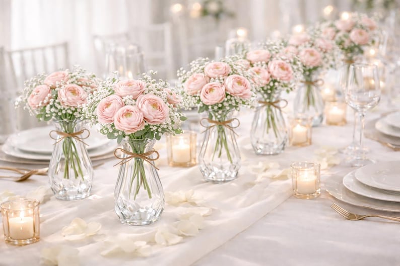 Wedding Bud Vase Centerpiece with Flowers Included – Mini Glass Vase with Ranunculus or Peony Bouquet – Wedding Table Decor
