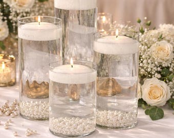 Wedding Centerpiece Set – Floating Candles, Glass Vases, Pearl Beads