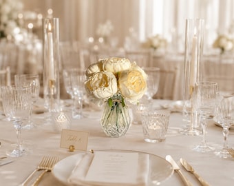Centre de table pivoine ivoire dans un vase en verre, décoration de table de mariage, centres de table de mariage en vrac, arrangement floral falsifié, décoration d'événement