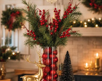Christmas Floral Arrangement, Red Berry Pine Centerpiece, Glass Vase Holiday Decor, Handmade Christmas Table Centerpiece