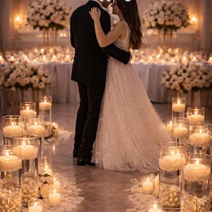 Floating Candle Centerpiece Set with Glass Vases & Pearls – Wedding / Engagement Table Decor
