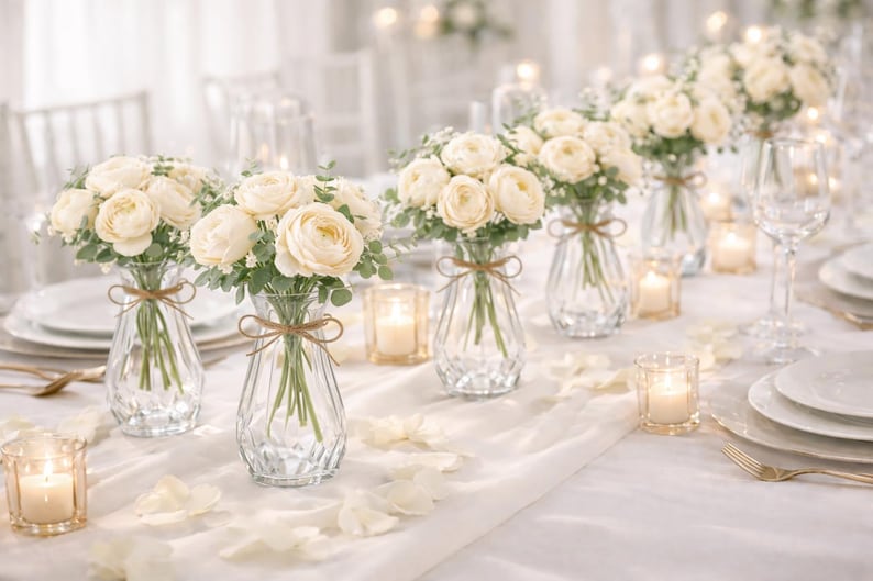 Wedding Bud Vase Centerpiece with Flowers Included – Mini Glass Vase with Ranunculus or Peony Bouquet – Wedding Table Decor