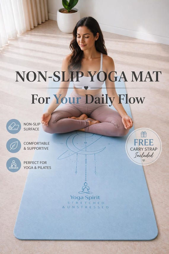 Non Slip PVC Yoga Mat with Carrying Strap Included, Beginner Friendly Fitness, Pilates Mat, Home Workout & Stretching Mat for Women