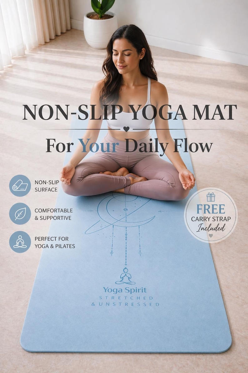 Pu&ograve; includere: Un tappetino da yoga antiscivolo azzurro con il testo "NON-SLIP YOGA MAT For Your Daily Flow". Il tappetino ha un design grafico e le parole "Yoga Spirit STRETCHED & UNSTRESSED". Include una tracolla gratuita.
