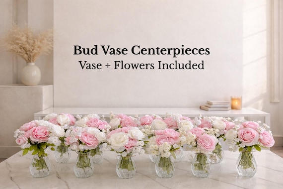 Mixed Bud Vase Centerpiece Set – Peony & Ranunculus Floral Arrangements – Wedding Table Decor – Set of 3, 6, 10 or 20