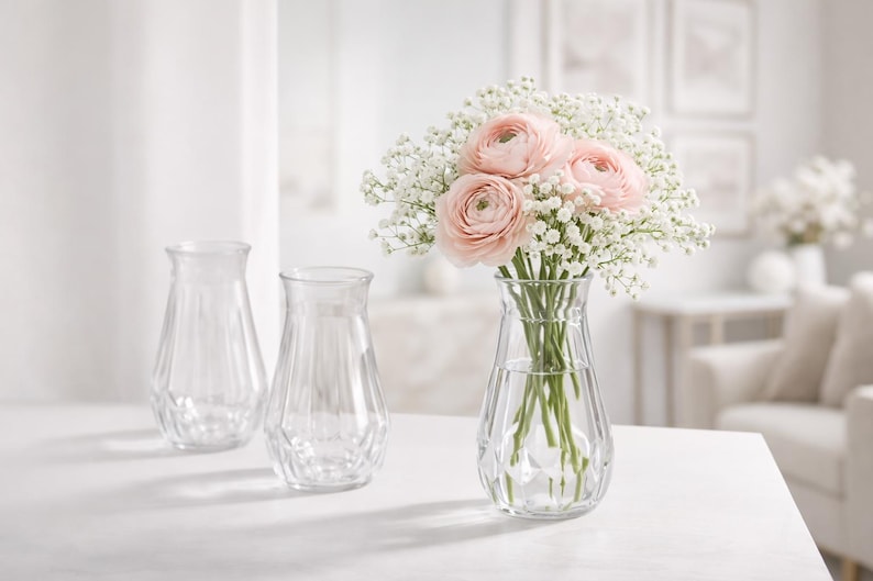 May include: Three clear glass vases with a vertical ribbed pattern and a flared rim. One vase is filled with a bouquet of light pink ranunculus flowers and white baby's breath, while the other two vases remain empty and transparent.