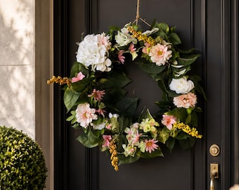 Couronne de fleurs rose pour porte d'entrée, couronne printemps-été, couronne de porte rose poudré, décoration florale de tous les jours, cadeau de pendaison de crémaillère, déco d'entrée