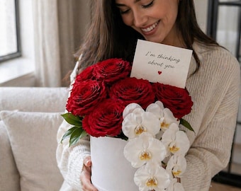 Boîte à fleurs de luxe rose rouge avec orchidée, cadeau romantique pour elle, cadeau d'anniversaire