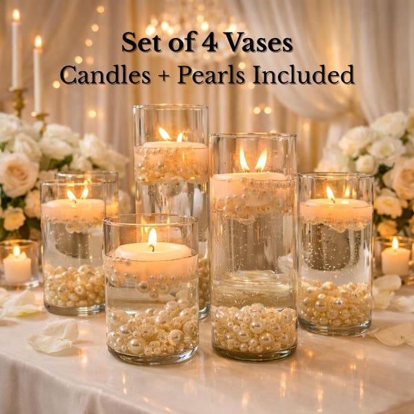 Floating Candle Wedding Centerpieces – Cylinder Glass Vase Set with Pearl Beads – Romantic Table Decor