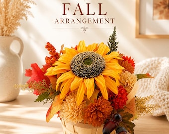 Floral Arrangement in Wooden Basket, Sunflower Centerpiece, Autumn Table Decor, Rustic Farmhouse Decoration, Cozy Fall Decor