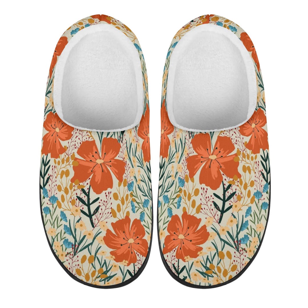 Orange Floral Slipper Shoes With Rubber Soles Women's Plush Closed Toe ...