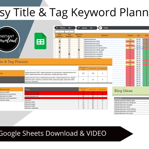 Etsy Keyword Planner, Title & Tag Generator, Google Sheets, SEO Worksheet, Awesome for Etsy Sellers, Shop Audit Consultants