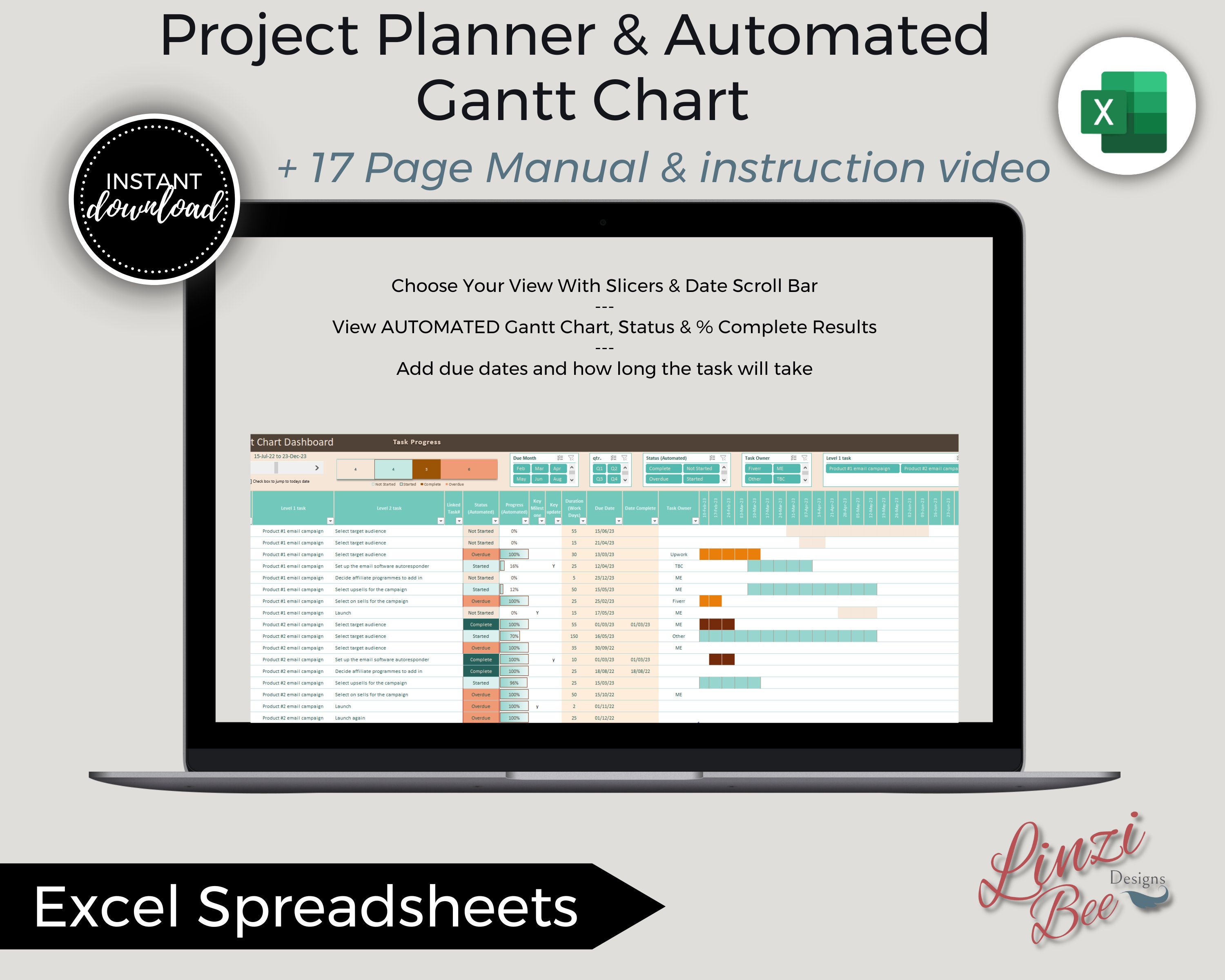 Automated Gantt Chart Excel Template: Project Management Dashboard