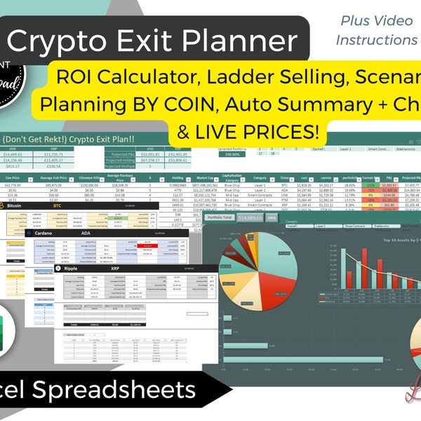 Portefeuille Crypto + Planificateur de sortie, Calendrier de vente, ROI total, Retours sur investissement projetés + Graphiques par catégorie !