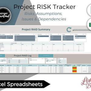 Project Management Risk Tracker, Actions Log, RAID Log, RACI, PMO Tracker, Task Tracker Excel Spreadsheet, Project Planner