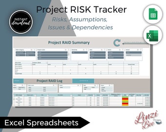 Project Management Risk Tracker, Actions Log, RAID Log, RACI, PMO Tracker, Task Tracker Excel Spreadsheet, Project Planner