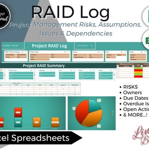 Raidlogboek voor projectbeheer, risicotracker, actieslogboek, RACI, PMO-tracker, taaktracker Excel-spreadsheet, projectplanner