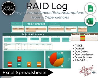 Project Management Raid Log, Risk Tracker, Actions Log, RACI, PMO Tracker, Task Tracker Excel Spreadsheet, Project Planner