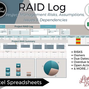 Projectbeheer RAID-logboek, risicotracker, actieslogboek, PMO-tracker, taaktracker Excel-spreadsheet, projectplanner, planning, sjabloon